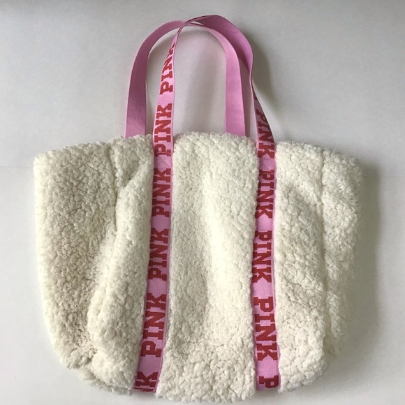 Victorias Secret PINK Plush Sherpa Tote Bag Winter White Fleece Pink Logo Straps - Picture 4 of 10